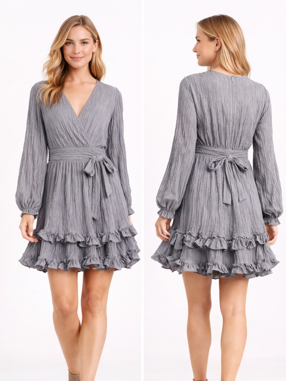 Saints + Secrets Gray Ruffle Mini Dress Small Boho V Neck Tie Waist - Picture 3 of 10